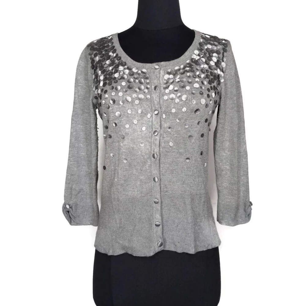 WHBM  Women Cardigan Size Medium Gray Embellished button Down 3/4 sleeves Casual